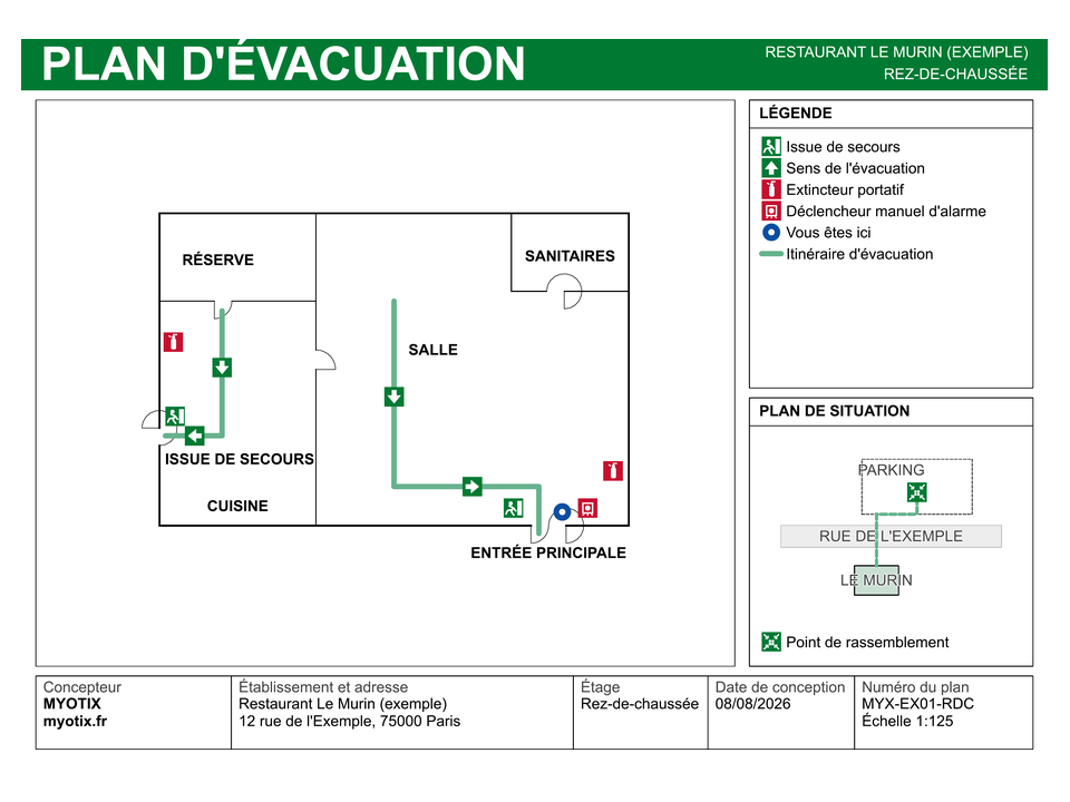 Exemple de plan d'évacuation affiché comme un panneau, établissement fictif